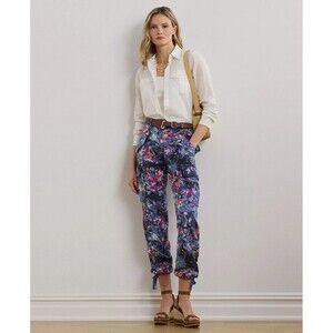 Lauren Ralph Lauren Women's Print Linen Cargo Ankle Pants Casual Modern Blue 16